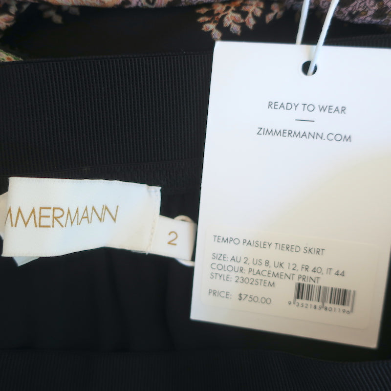 Zimmermann Tiered Midi Skirt Tempo Black Paisley Print Chiffon Size 2 NEW