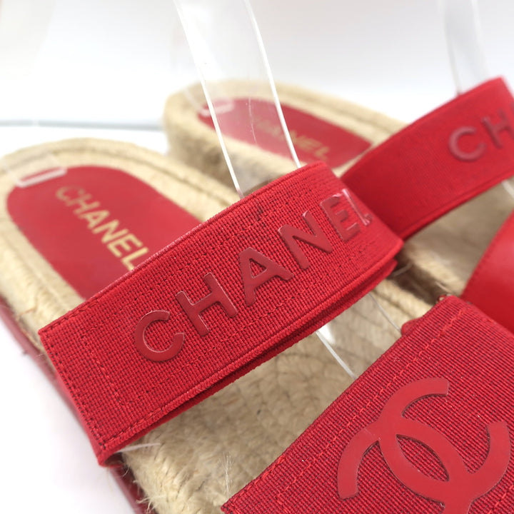 Chanel CC Elastic Espadrille Slide Sandals Red Size 38 Flat Mules