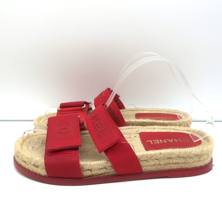 Chanel CC Elastic Espadrille Slide Sandals Red Size 38 Flat Mules