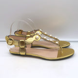 Gucci Willow T-strap sandals in gold metallic leather with faux pearls, authentic pre-owned