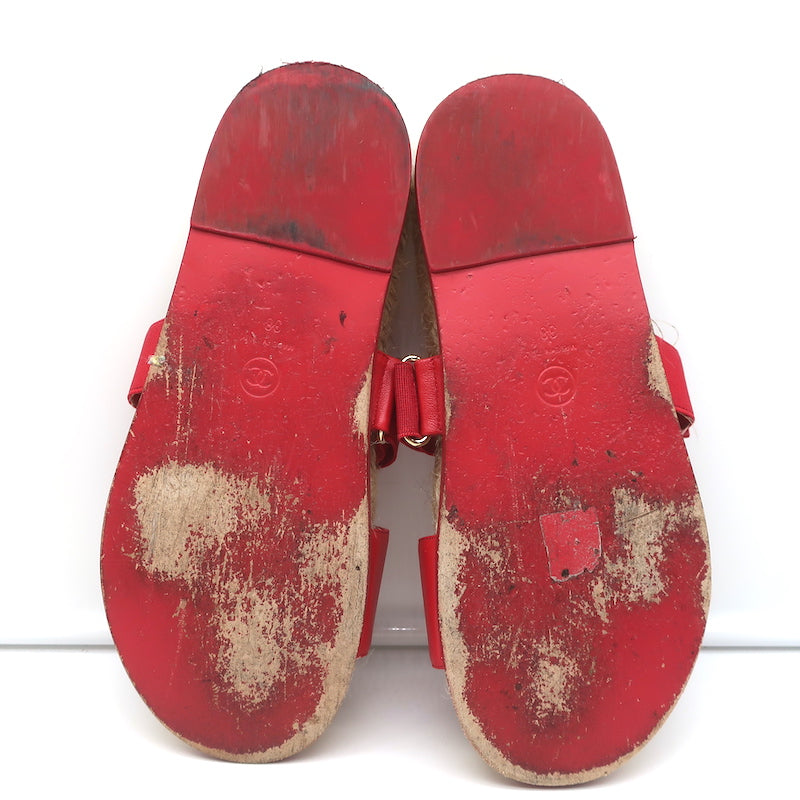 Chanel CC Elastic Espadrille Slide Sandals Red Size 38 Flat Mules