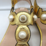 Gucci Willow T-strap sandals in gold metallic leather with faux pearls, pre-owned authentic luxury, EU 39.5