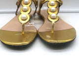 Authentic pre-owned Gucci Willow T-strap flat sandals in gold metallic leather with faux pearls, EU 39.5