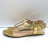Gucci Willow T-strap sandals, gold metallic leather with faux pearls, authentic pre-owned (EU 39.5)