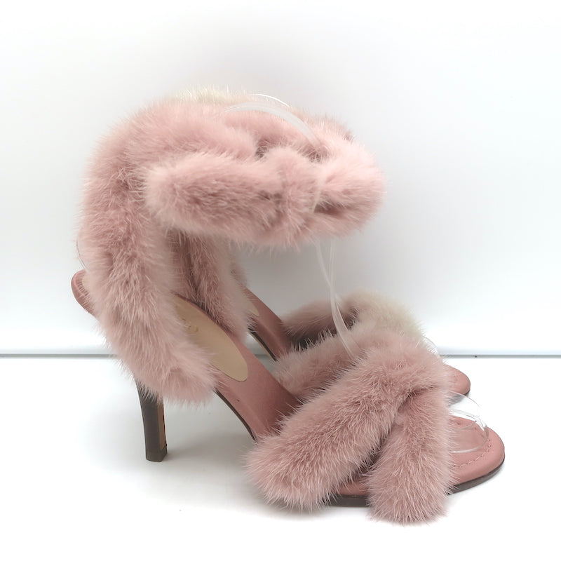 Valentino Mink Fur Sandals Blush Size 37.5 Ankle Strap Heels
