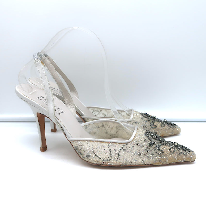 Badgley Mischka Embellished Mesh Slingback Pumps Light Gray Satin Size 38.5 NEW