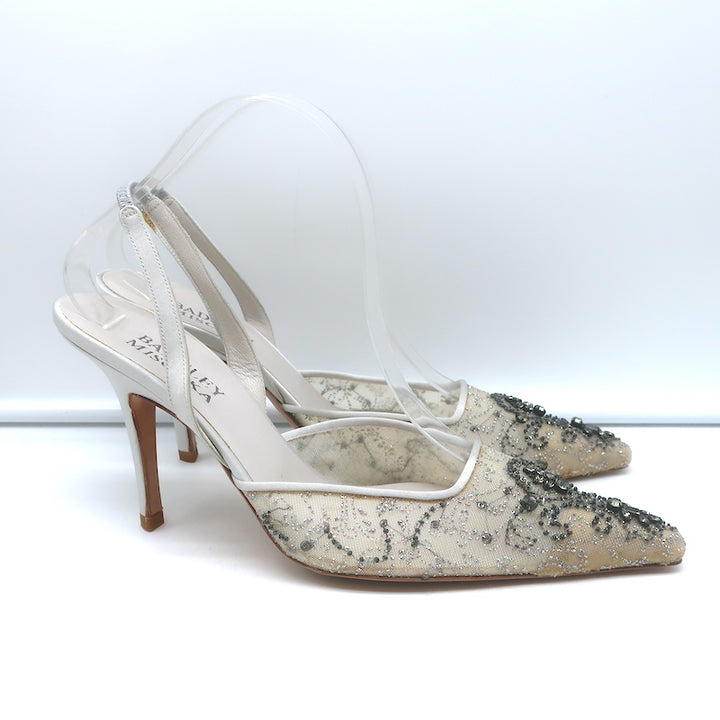 Badgley Mischka Embellished Mesh Slingback Pumps Light Gray Satin Size 38.5 NEW