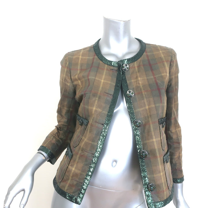 Chanel 2013 Paris-Edinburgh Snakeskin-Trimmed Plaid Jacket Brown Size 40