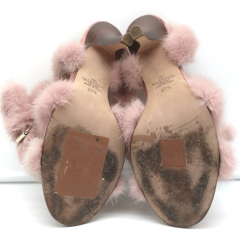 Valentino Mink Fur Sandals Blush Size 37.5 Ankle Strap Heels