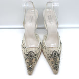Badgley Mischka Embellished Mesh Slingback Pumps Light Gray Satin Size 38.5 NEW