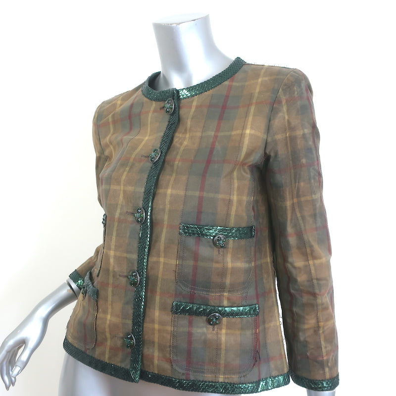 Chanel 2013 Paris-Edinburgh Snakeskin-Trimmed Plaid Jacket Brown Size 40