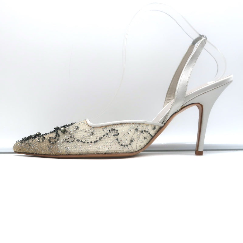 Badgley Mischka Embellished Mesh Slingback Pumps Light Gray Satin Size 38.5 NEW