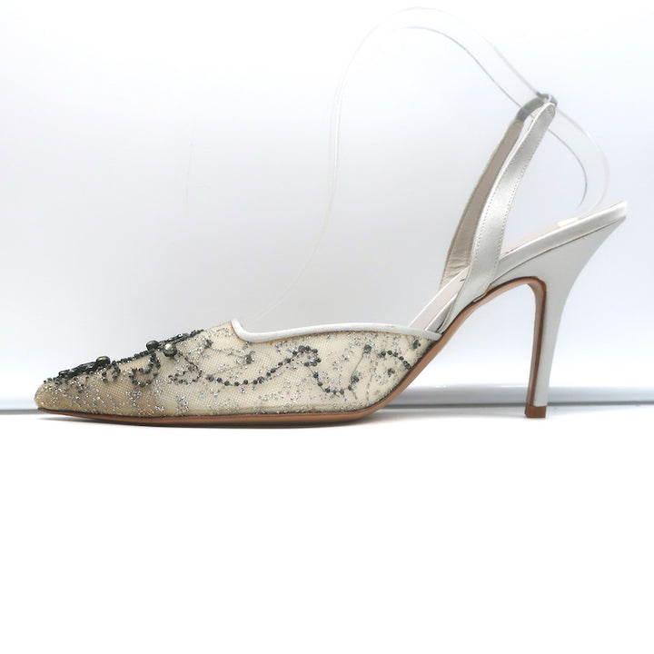 Badgley Mischka Embellished Mesh Slingback Pumps Light Gray Satin Size 38.5 NEW