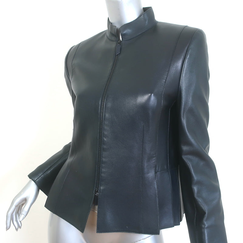 Akris Pleated Leather Zip-Up Jacket Very Dark Teal Size US 10