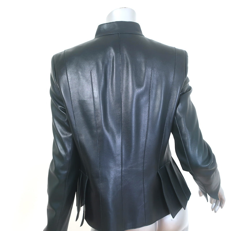 Akris Pleated Leather Zip-Up Jacket Very Dark Teal Size US 10