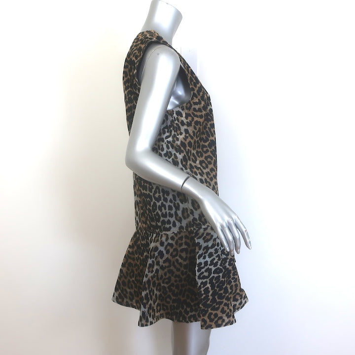 GANNI Ruffled Leopard Print Flocked Recycled Denim Mini Dress Brown Size 40 NEW