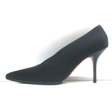 Authentic Celine V-cut pumps in black satin, pointed-toe heels, pre-owned and gently worn.