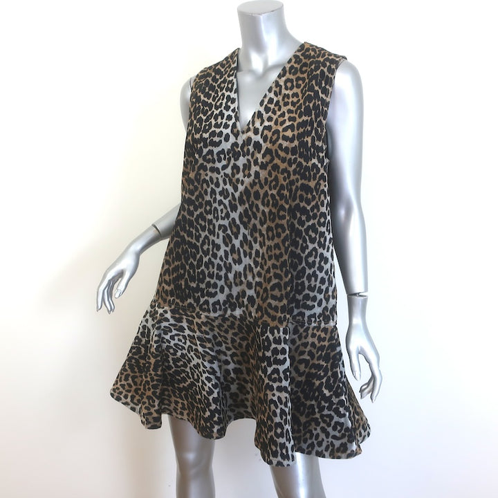 GANNI Ruffled Leopard Print Flocked Recycled Denim Mini Dress Brown Size 40 NEW