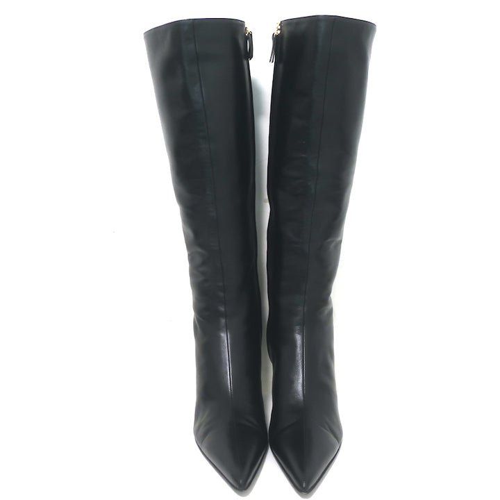 The Row Sling Knee High Boots Black Leather Size 36.5 Pointed Toe Low Heel