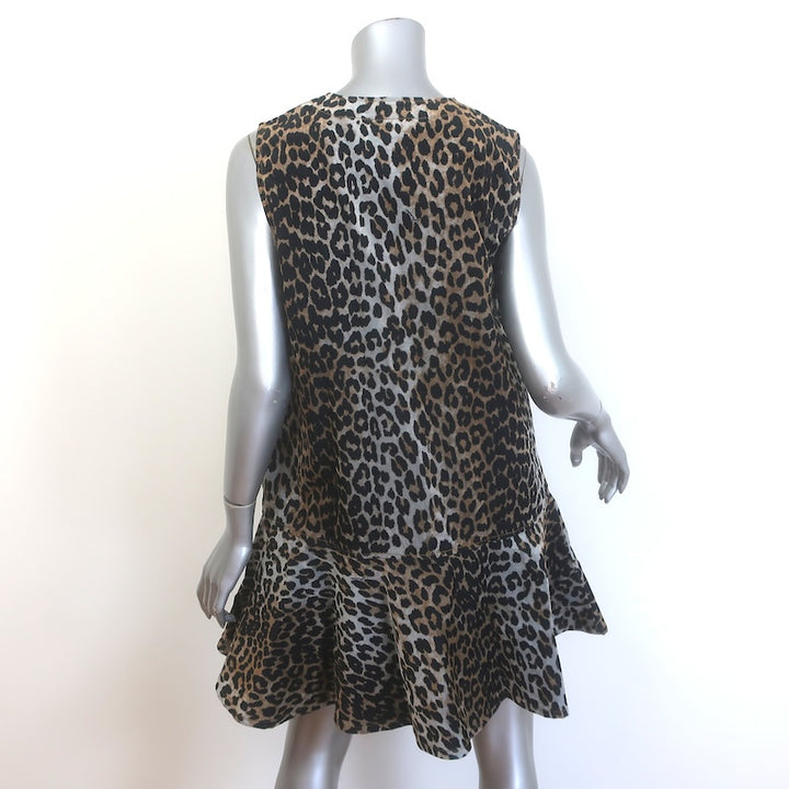 GANNI Ruffled Leopard Print Flocked Recycled Denim Mini Dress Brown Size 40 NEW