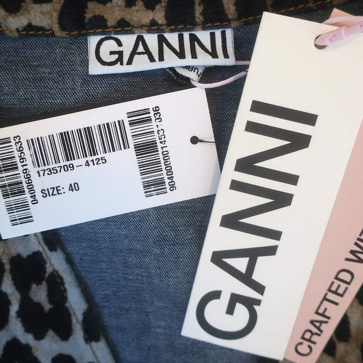GANNI Ruffled Leopard Print Flocked Recycled Denim Mini Dress Brown Size 40 NEW