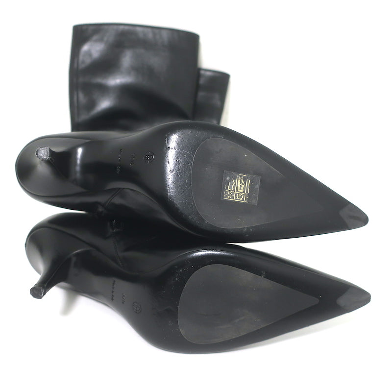 The Row Sling Knee High Boots Black Leather Size 36.5 Pointed Toe Low Heel