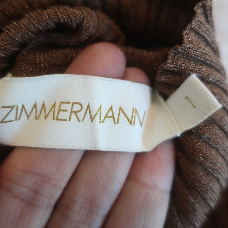 Zimmermann Luminosity Metallic Ribbed Knit Turtleneck Top Brown/Gold Size 1