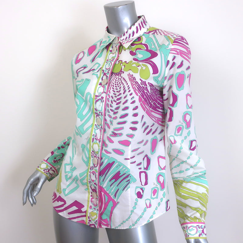 Emilio Pucci Printed Button Down Shirt White/Multi Size US 10 Long Sleeve Top
