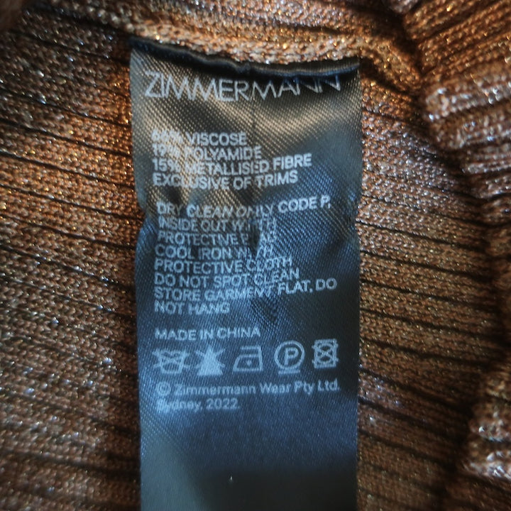 Zimmermann Luminosity Metallic Ribbed Knit Turtleneck Top Brown/Gold Size 1