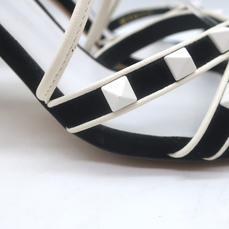 Valentino Free Rockstud Crisscross Sandals Black Suede &amp; White Leather Size 36
