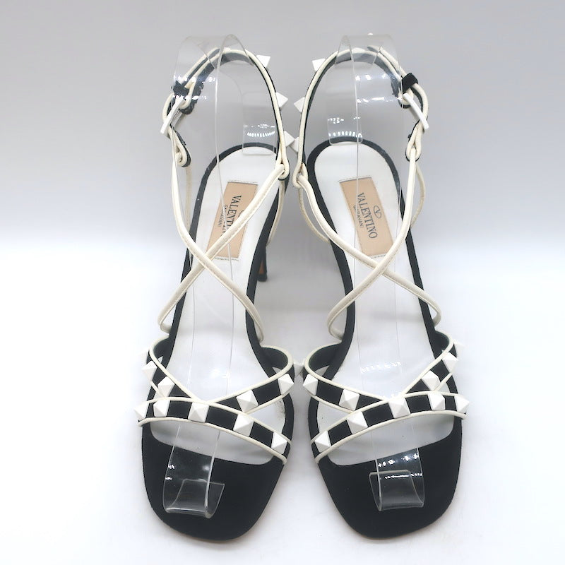 Valentino Free Rockstud Crisscross Sandals Black Suede &amp; White Leather Size 36
