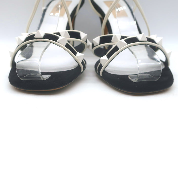 Valentino Free Rockstud Crisscross Sandals Black Suede &amp; White Leather Size 36