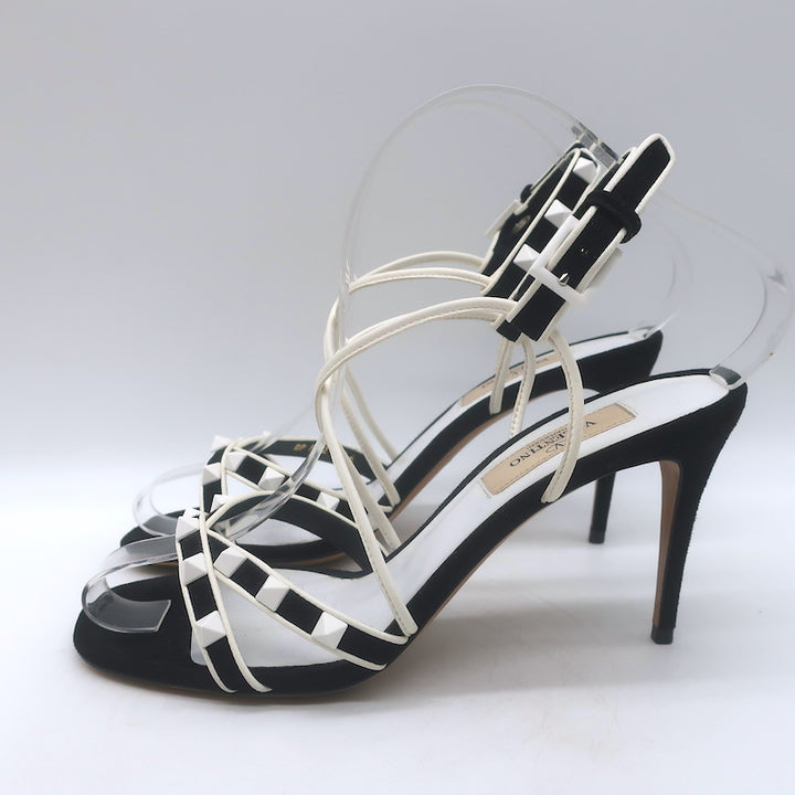 Valentino Free Rockstud Crisscross Sandals Black Suede &amp; White Leather Size 36