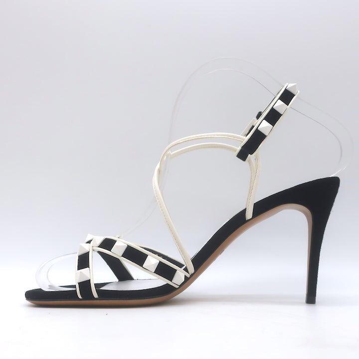 Valentino Free Rockstud Crisscross Sandals Black Suede &amp; White Leather Size 36