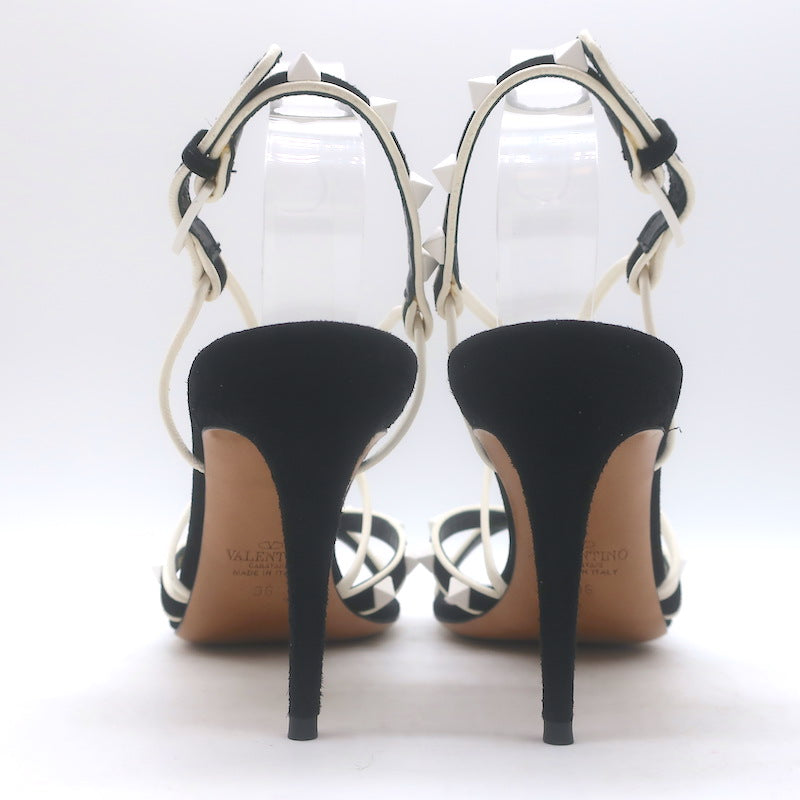 Valentino Free Rockstud Crisscross Sandals Black Suede &amp; White Leather Size 36