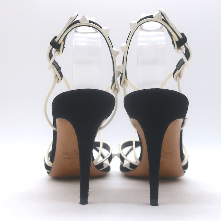 Valentino Free Rockstud Crisscross Sandals Black Suede &amp; White Leather Size 36