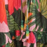 FARM Rio Tiered Maxi Dress Pink Cocoa Forest Print Cotton Size Extra Small