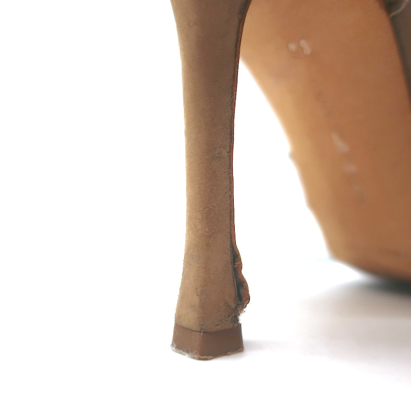Manolo Blahnik Laser-Cut T-Strap Sandals Tan Nubuck Size 36 Open Toe Heels
