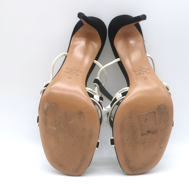 Valentino Free Rockstud Crisscross Sandals Black Suede &amp; White Leather Size 36