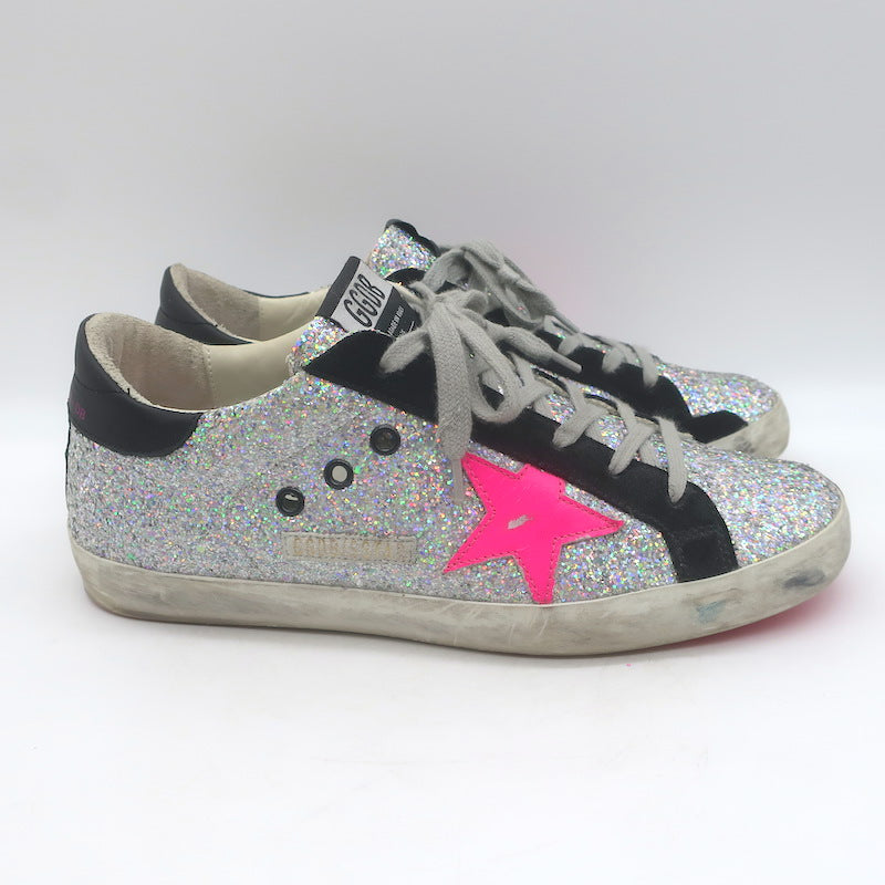 Golden Goose Superstar Rainbow Glitter Sneakers Silver with Pink Star Size 40