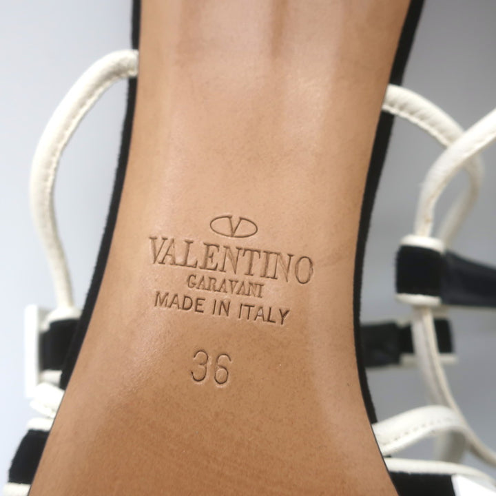 Valentino Free Rockstud Crisscross Sandals Black Suede &amp; White Leather Size 36