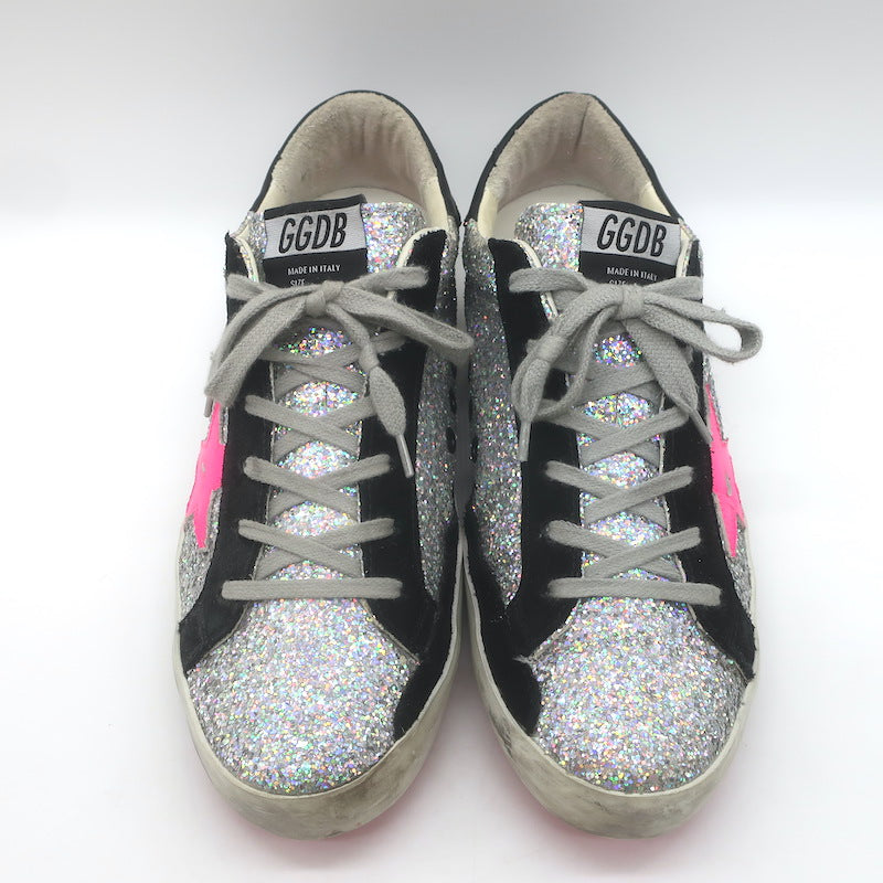 Golden Goose Superstar Rainbow Glitter Sneakers Silver with Pink Star Size 40