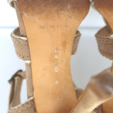 Manolo Blahnik Laser-Cut T-Strap Sandals Tan Nubuck Size 36 Open Toe Heels