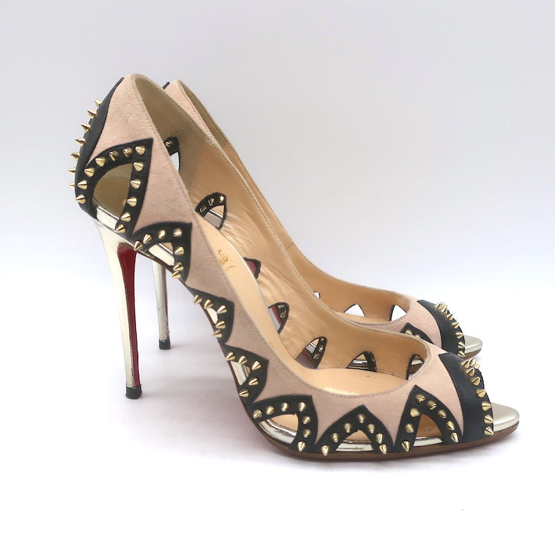Christian Louboutin Circus City Spiked Cutout Pumps Beige Suede Size 36.5