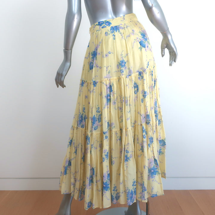 LoveShackFancy Tiered Maxi Skirt Haru Yellow Floral Print Cotton-Silk Size 2