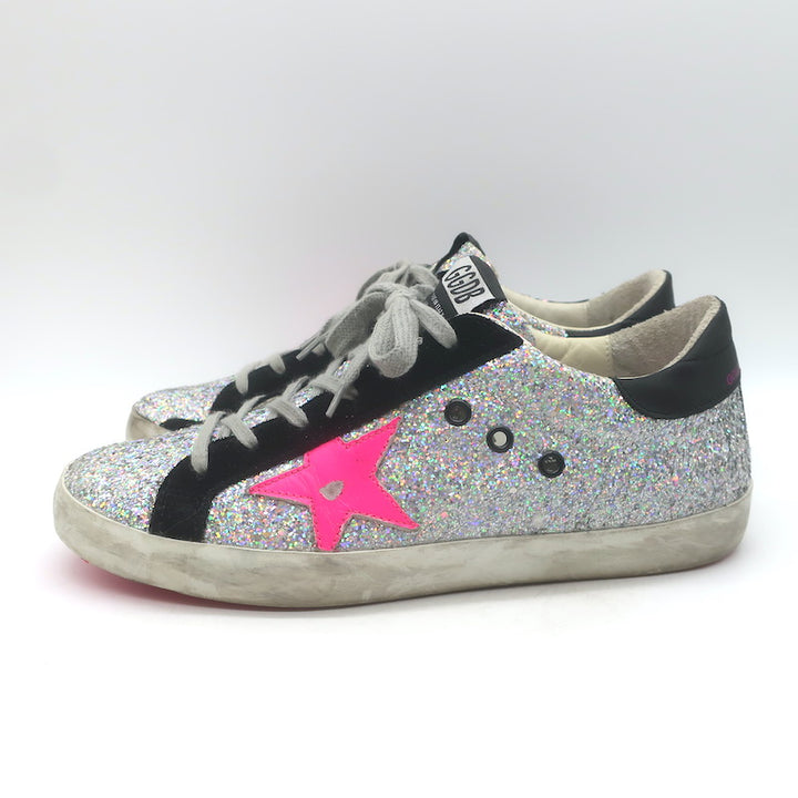 Golden Goose Superstar Rainbow Glitter Sneakers Silver with Pink Star Size 40