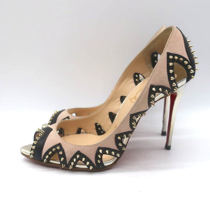 Christian Louboutin Circus City Spiked Cutout Pumps Beige Suede Size 36.5