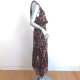 A.L.C. Midi Dress Bardot Black/Red Metallic-Striped Printed Chiffon Size 0