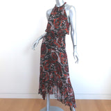 A.L.C. Midi Dress Bardot Black/Red Metallic-Striped Printed Chiffon Size 0