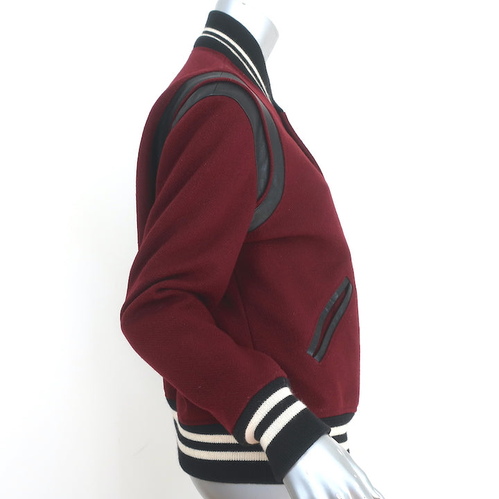 Saint Laurent Teddy Bomber Jacket Leather-Trim Burgundy Wool Size 46